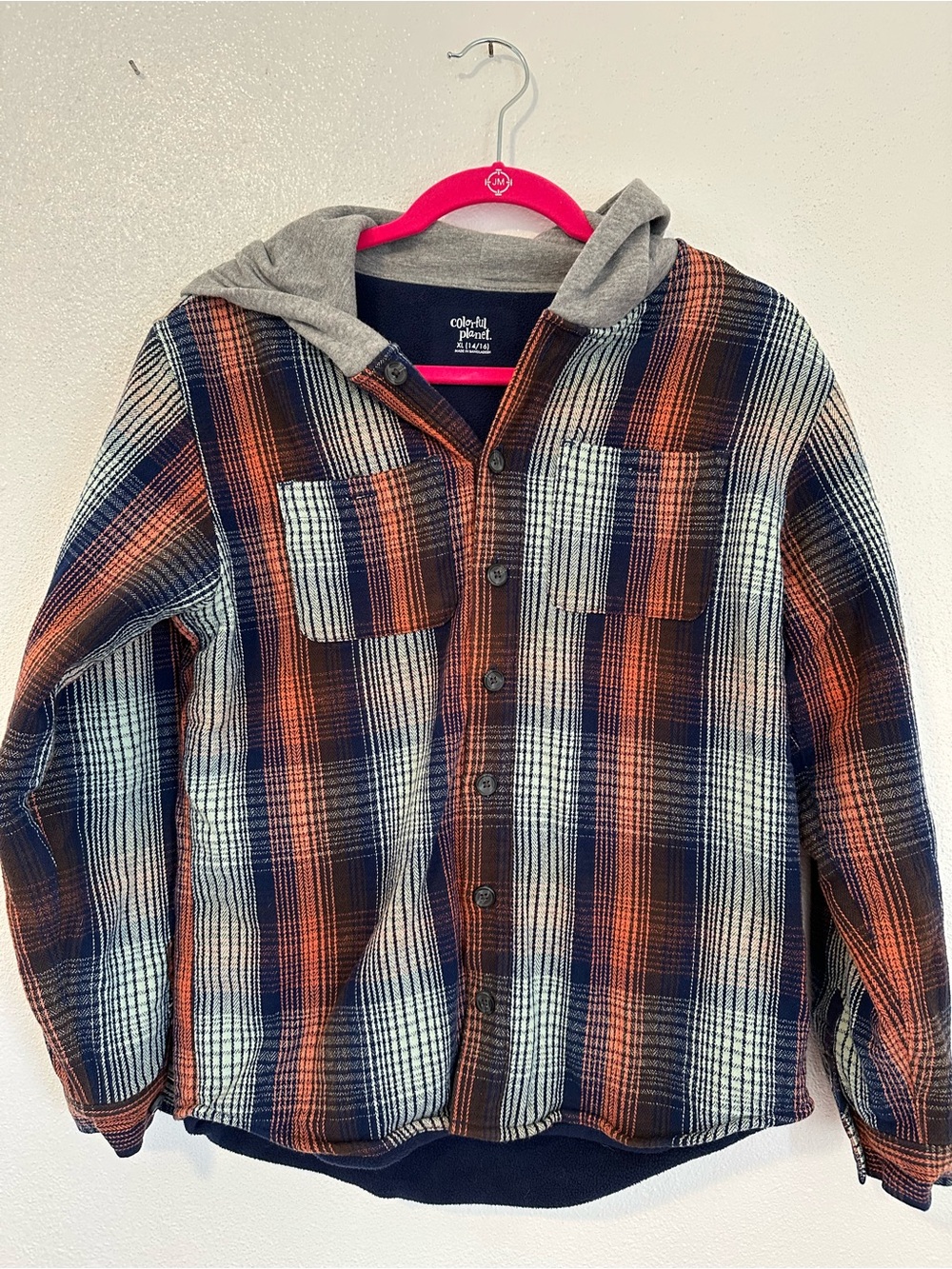 Colorful Planet Boys Orange and Navy Plaid Hooded Shirt Jacket size 14/16